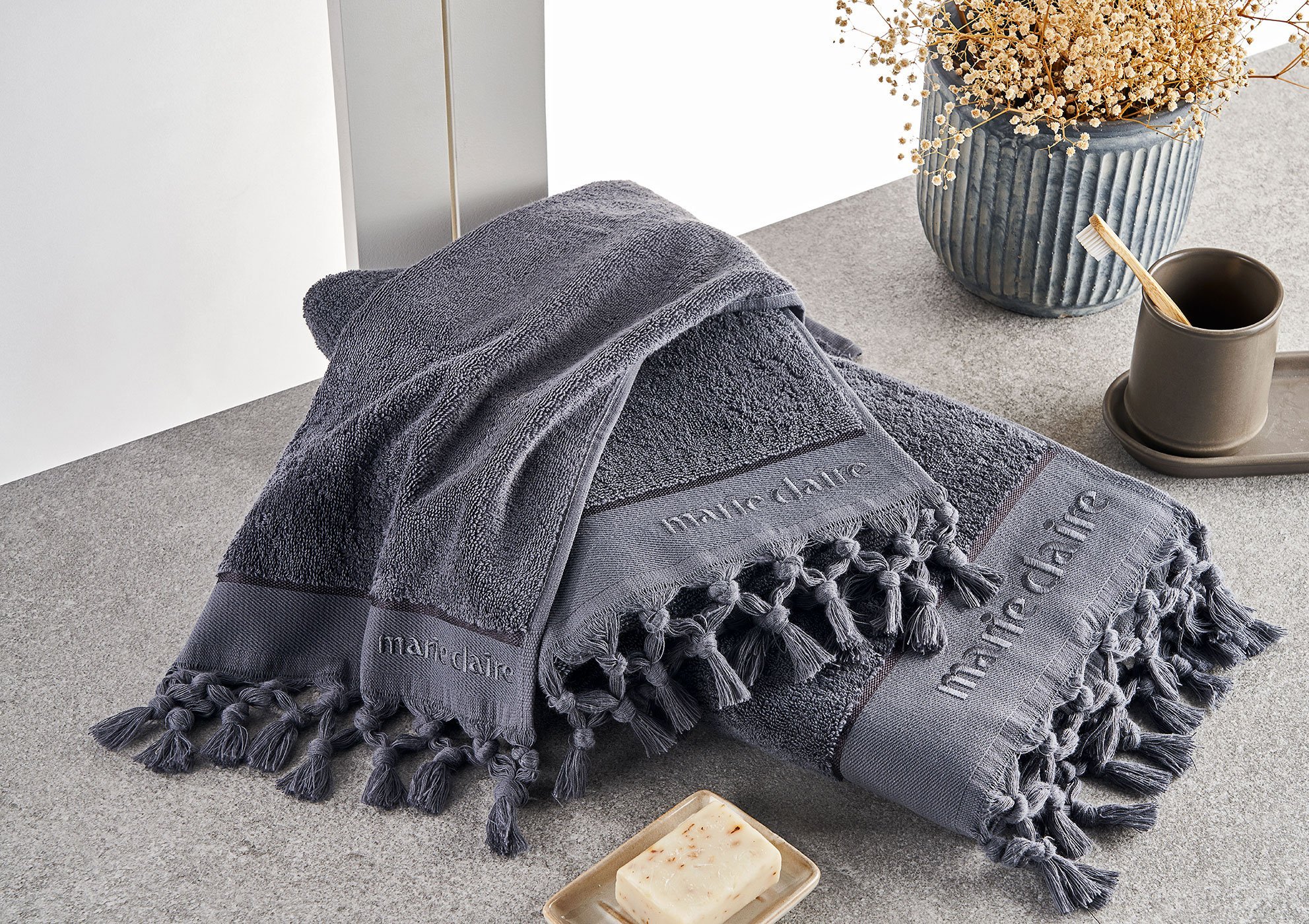 Marie Claire Terra Saçak Bağlama 3'Lü Havlu Set Antrasit