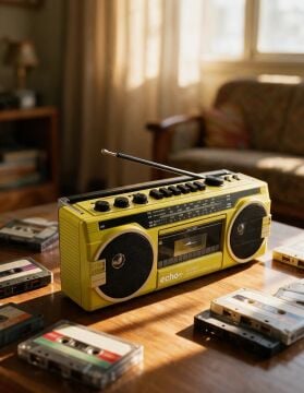 Bluetooth Destekli Nostaljik Kaset Çalar ve Taşınabilir Radyo Sarı