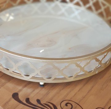 Mermer Desenli Altın Renk Yuvarlak Tepsi Büyük Boy