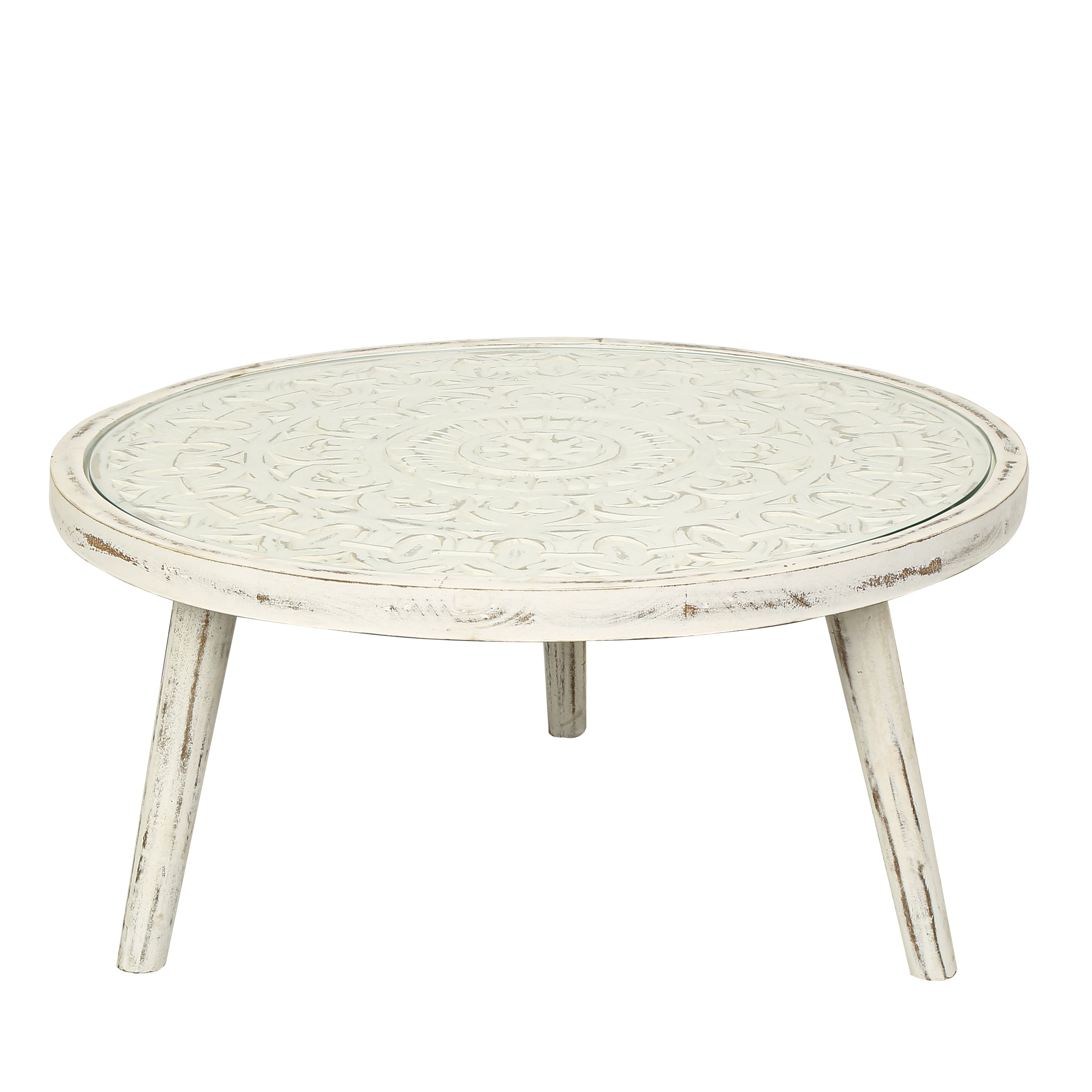 Hint Ahşabı Otantik Beyaz Eskitme Camlı Sehpa Küçük Boy