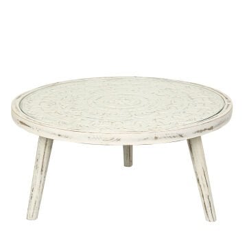 Hint Ahşabı Otantik Beyaz Eskitme Camlı Sehpa Küçük Boy