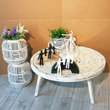 Hint Ahşabı Otantik Beyaz Eskitme Camlı Sehpa Küçük Boy