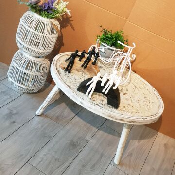 Hint Ahşabı Otantik Beyaz Eskitme Camlı Sehpa Küçük Boy