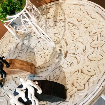 Hint Ahşabı Otantik Beyaz Eskitme Camlı Sehpa Küçük Boy