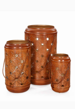 BALİN RUMİ MOTİF 3'LÜ SAFRAN METAL MUMLUK