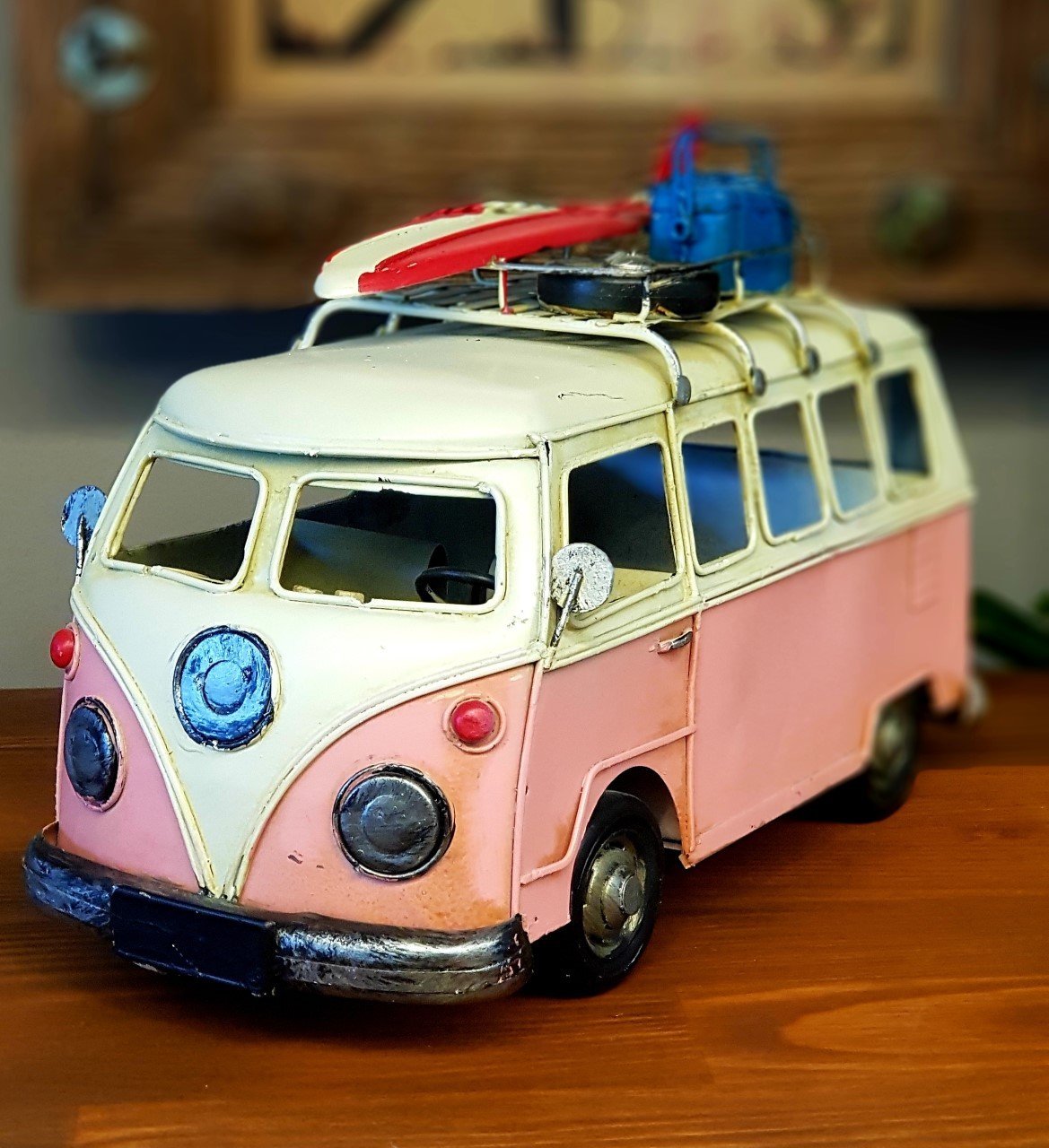 Vintage Metal Dekoratif Volkswagen Minibüs Pembe Büyük Boy