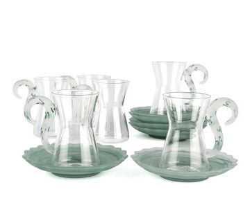 6lı Yeşil Kuğu Saplı Cam Çay Seti