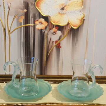 6lı Yeşil Kuğu Saplı Cam Çay Seti