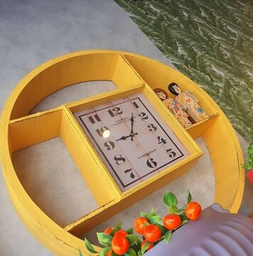 Yuvarlak Ahşap Raflı Duvar Saati Hardal