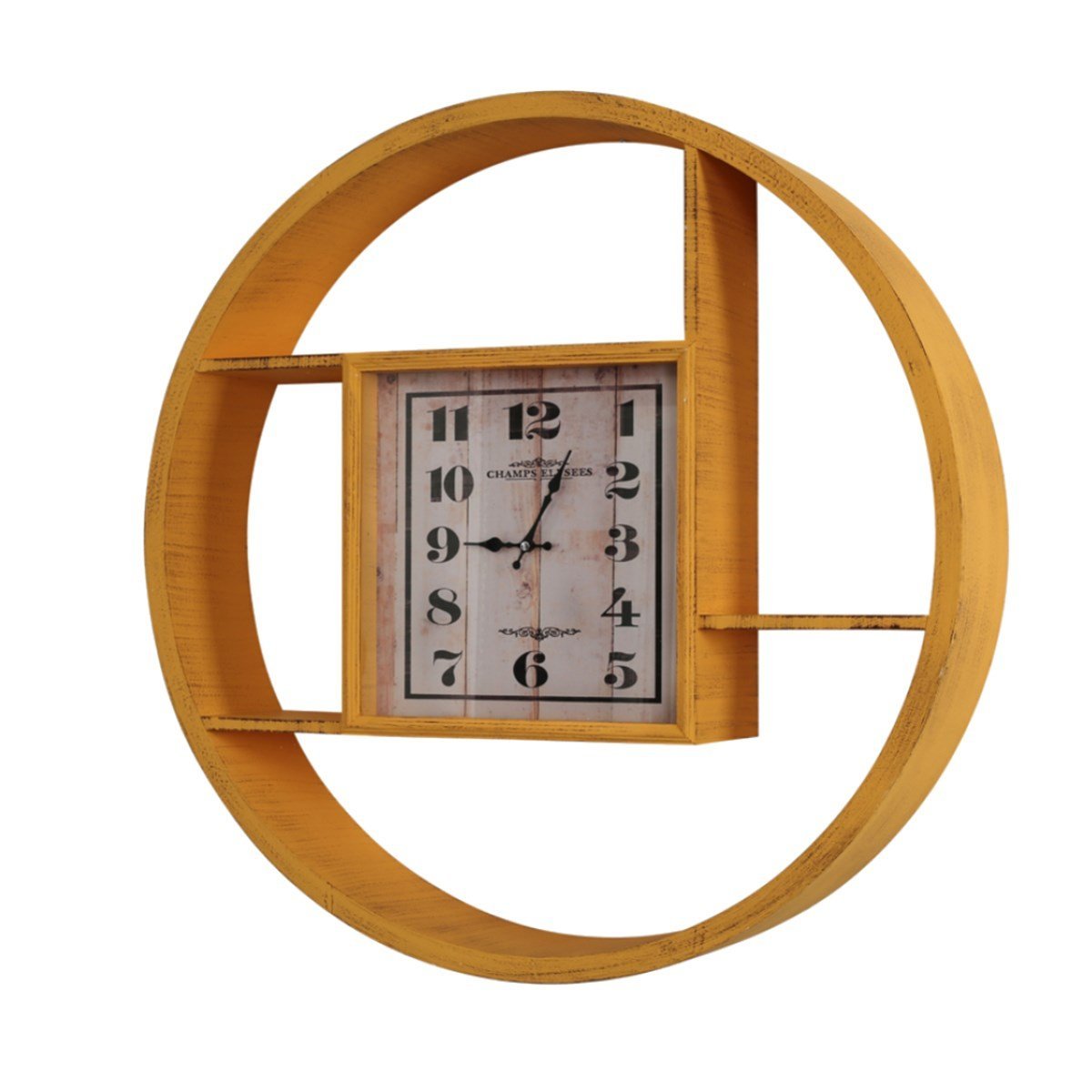 Yuvarlak Ahşap Raflı Duvar Saati Hardal
