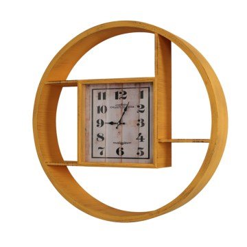 Yuvarlak Ahşap Raflı Duvar Saati Hardal