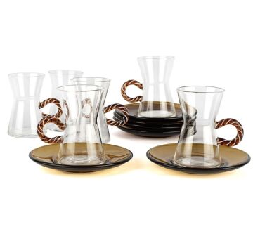 6lı Amber Kulplu Cam Çay Seti