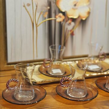 6lı Amber Kulplu Cam Çay Seti