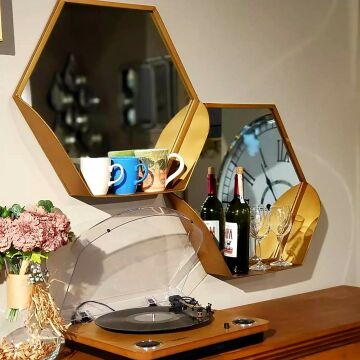 Gold  Altıgen Raflı 2'Li Duvar Aynası