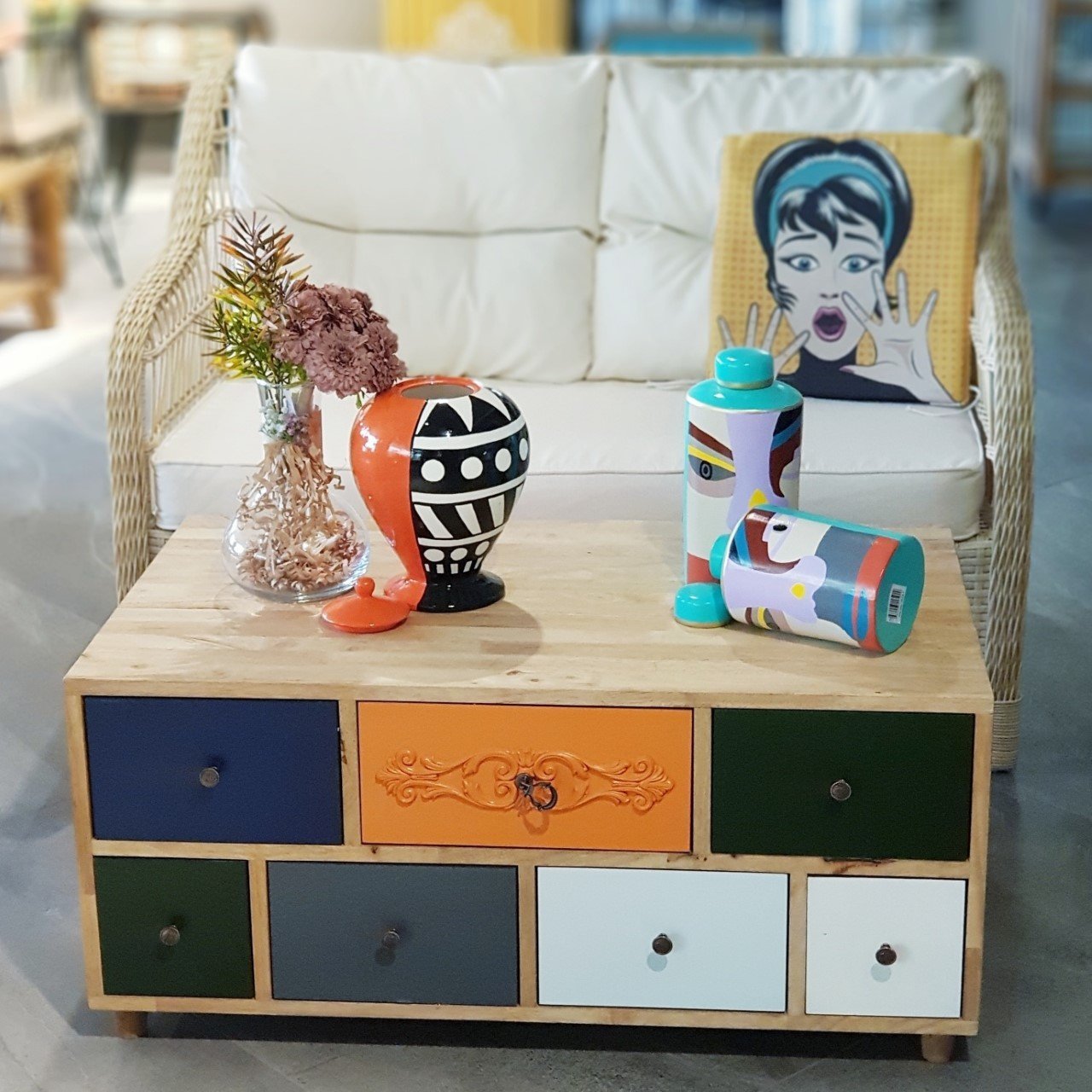 Patchwork Renkli İki Yönlü Çekmeceli Orta Sehpa