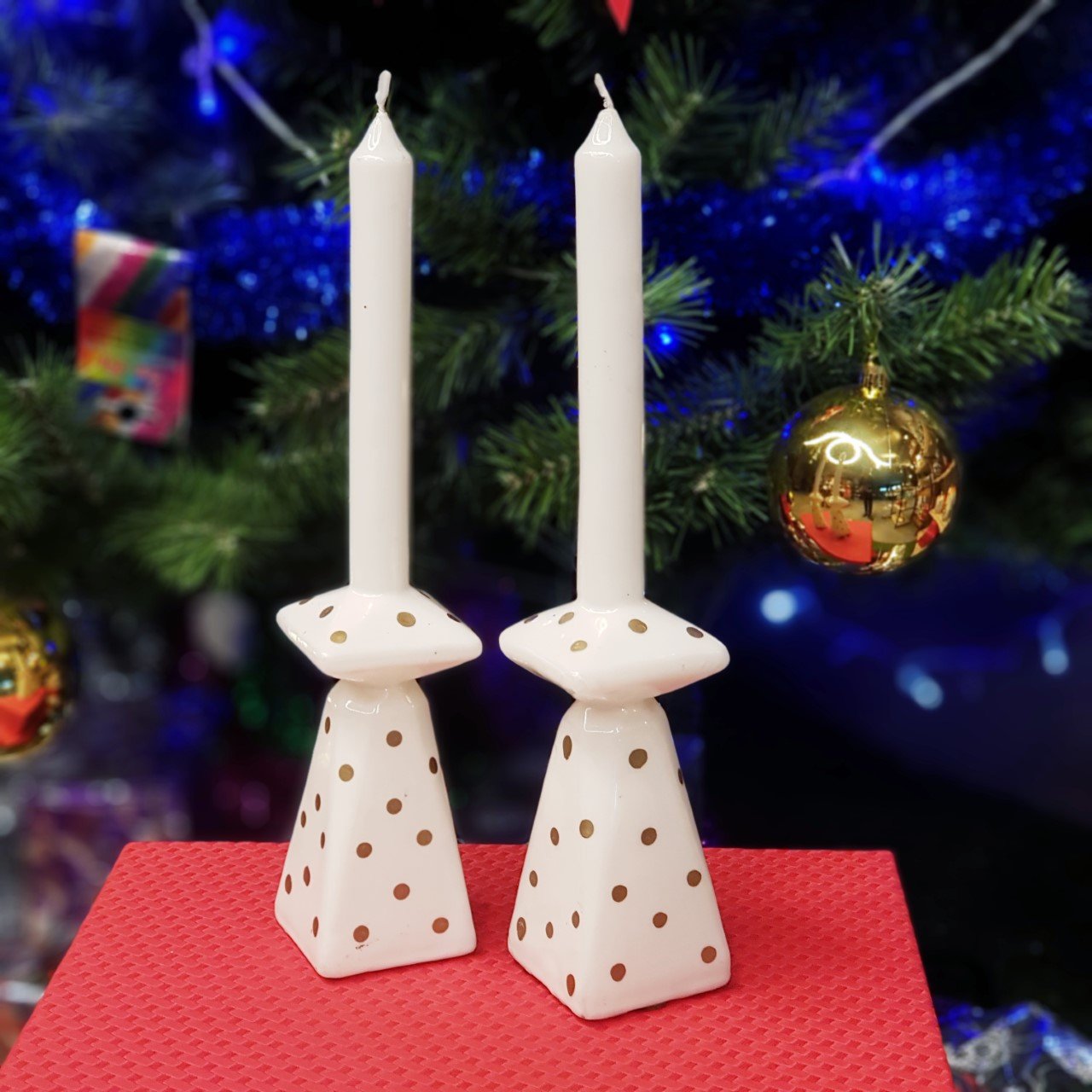 Gold Puantiye Beyaz Şamdan Mum 2'Li