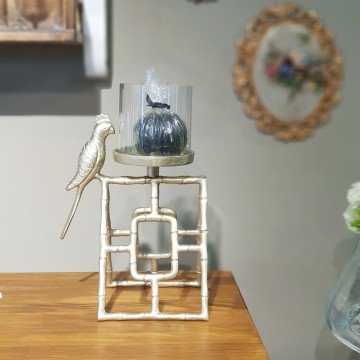 Gold Papağanlı Metal Mumluk Küçük Boy