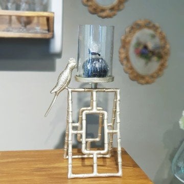 Gold Papağanlı Metal Mumluk Büyük Boy