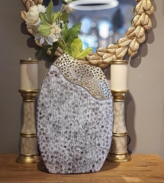Eskitme Beyaz-Gold Metal Vazo 54cm
