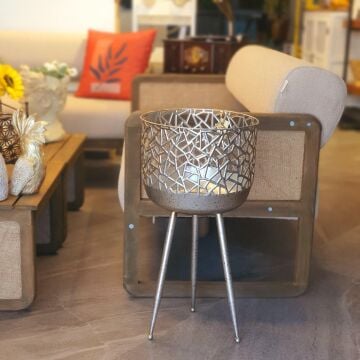 Eskitme Metal Gümüş Renk Ayaklı Vazo 60cm