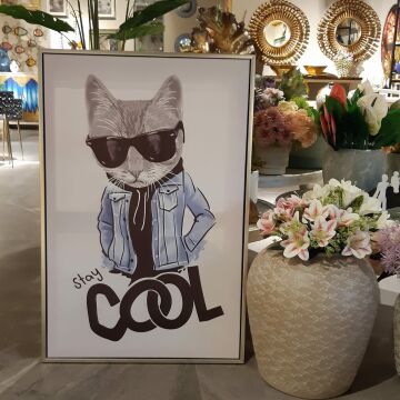 60cmX90cm Gümüş Çerçeveli Cool Kedi Tablo