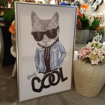 60cmX90cm Gümüş Çerçeveli Cool Kedi Tablo