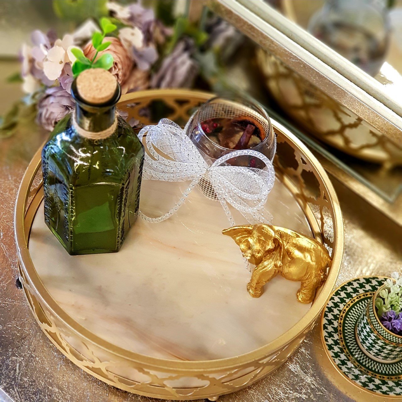 Mermer Desenli  Yuvarlak Tepsi Gold Küçük Boy