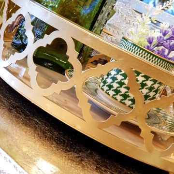 Mermer Desenli  Yuvarlak Tepsi Gold Küçük Boy