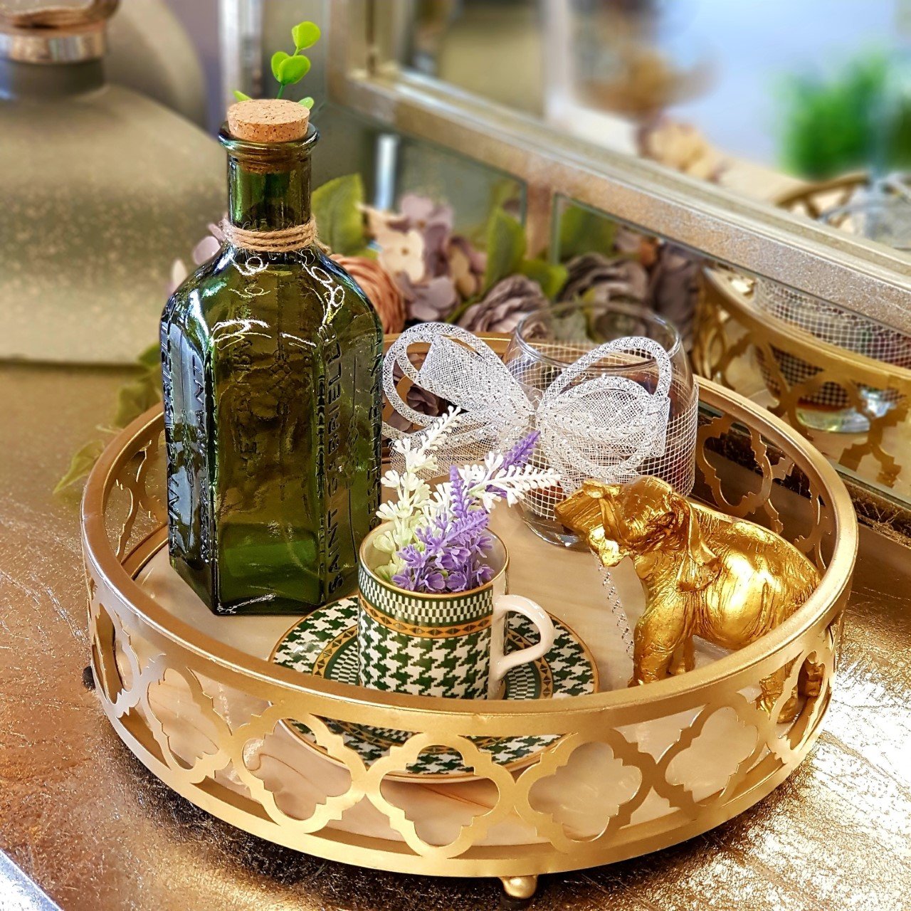 Mermer Desenli  Yuvarlak Tepsi Gold Küçük Boy