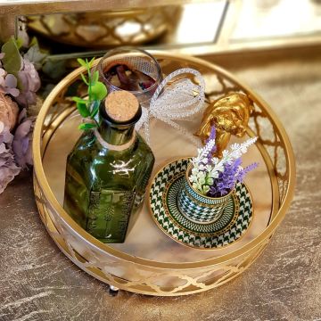 Mermer Desenli  Yuvarlak Tepsi Gold Küçük Boy