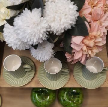 Porselen Double 6'Lı Kahve Fincanı Yeşil Model-4