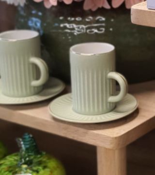 Porselen Double 6'Lı Kahve Fincanı Yeşil Model-4