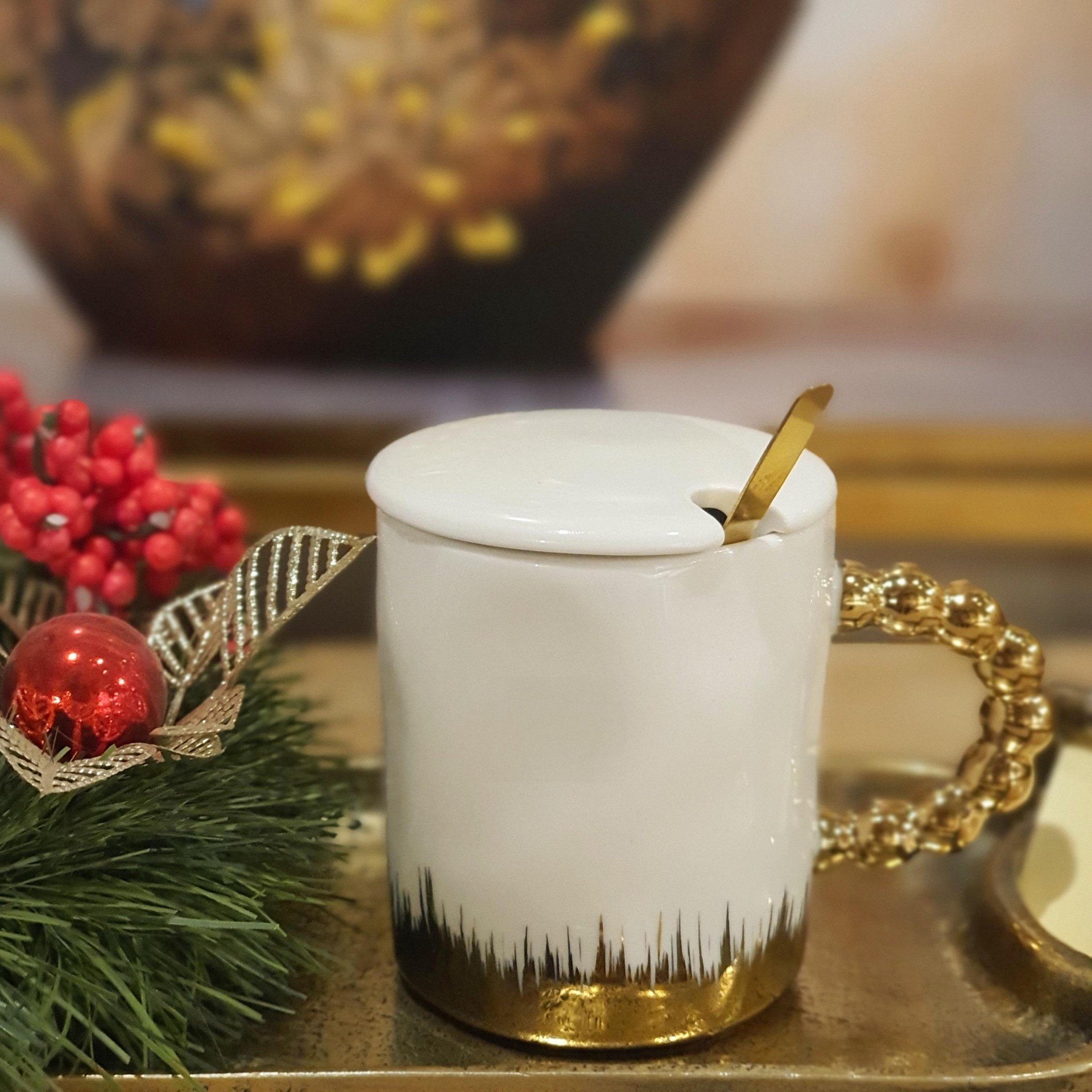 Gold Boncuk Kulplu Kapaklı&Kaşıklı Seramik Mug Kupa Beyaz