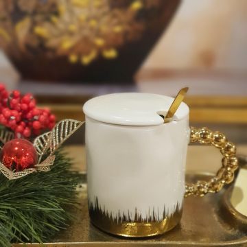 Gold Boncuk Kulplu Kapaklı&Kaşıklı Seramik Mug Kupa Beyaz