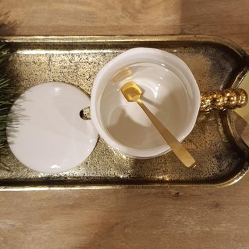 Gold Boncuk Kulplu Kapaklı&Kaşıklı Seramik Mug Kupa Beyaz