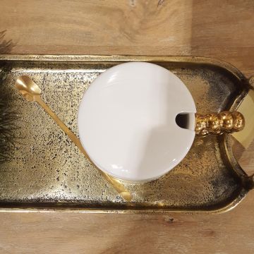 Gold Boncuk Kulplu Kapaklı&Kaşıklı Seramik Mug Kupa Beyaz