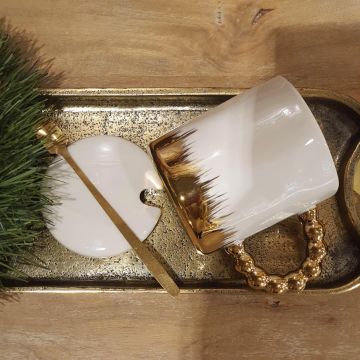 Gold Boncuk Kulplu Kapaklı&Kaşıklı Seramik Mug Kupa Beyaz