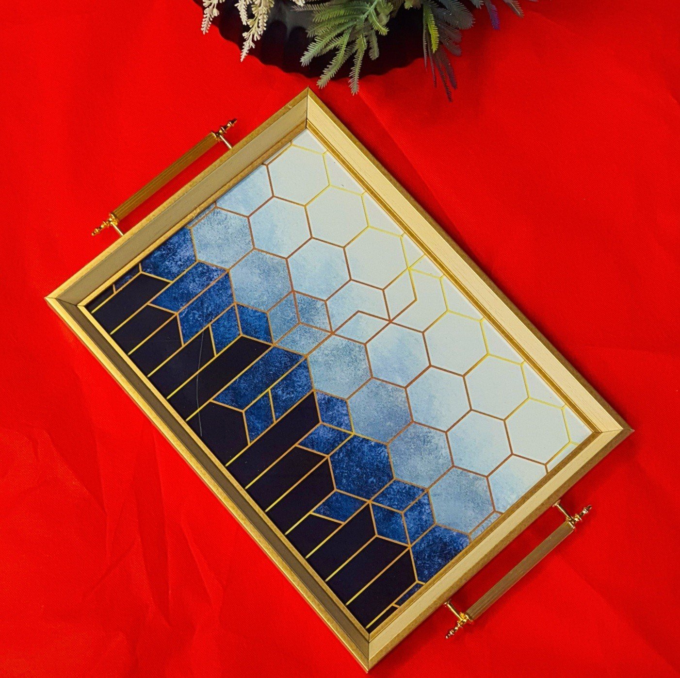 Mavı Desenli Krem Renk Tepsi 50x31cm