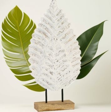 Ahşap Beyaz Eskitme Yaprak Dekor