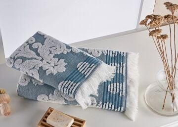 Marie Claire Paris Indentern Jakarlı 2'Li Havlu Set Koyu Mavi