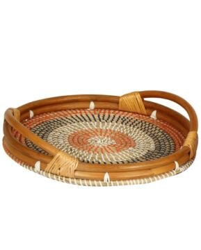 Renkli Rattan Ahşap kulplu Tepsi Küçük Boy
