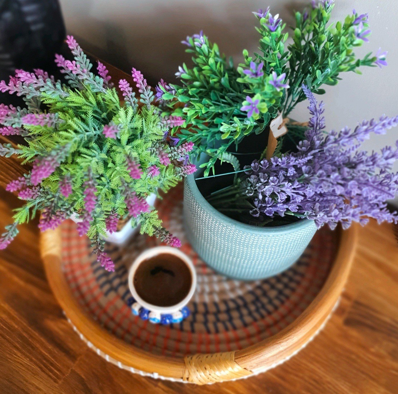 Renkli Rattan Ahşap kulplu Tepsi Küçük Boy