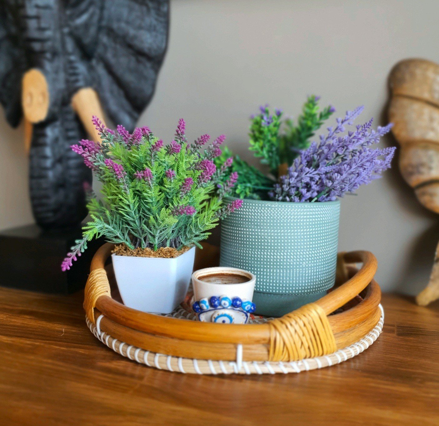 Renkli Rattan Ahşap kulplu Tepsi Küçük Boy