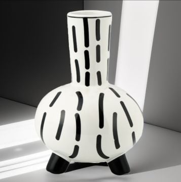 Siyah-Beyaz Çizgili Seramik Dekoratif Vazo 23cm