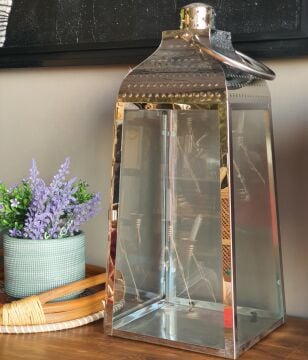 Gümüş Renk Metal Camlı Fener 63cm