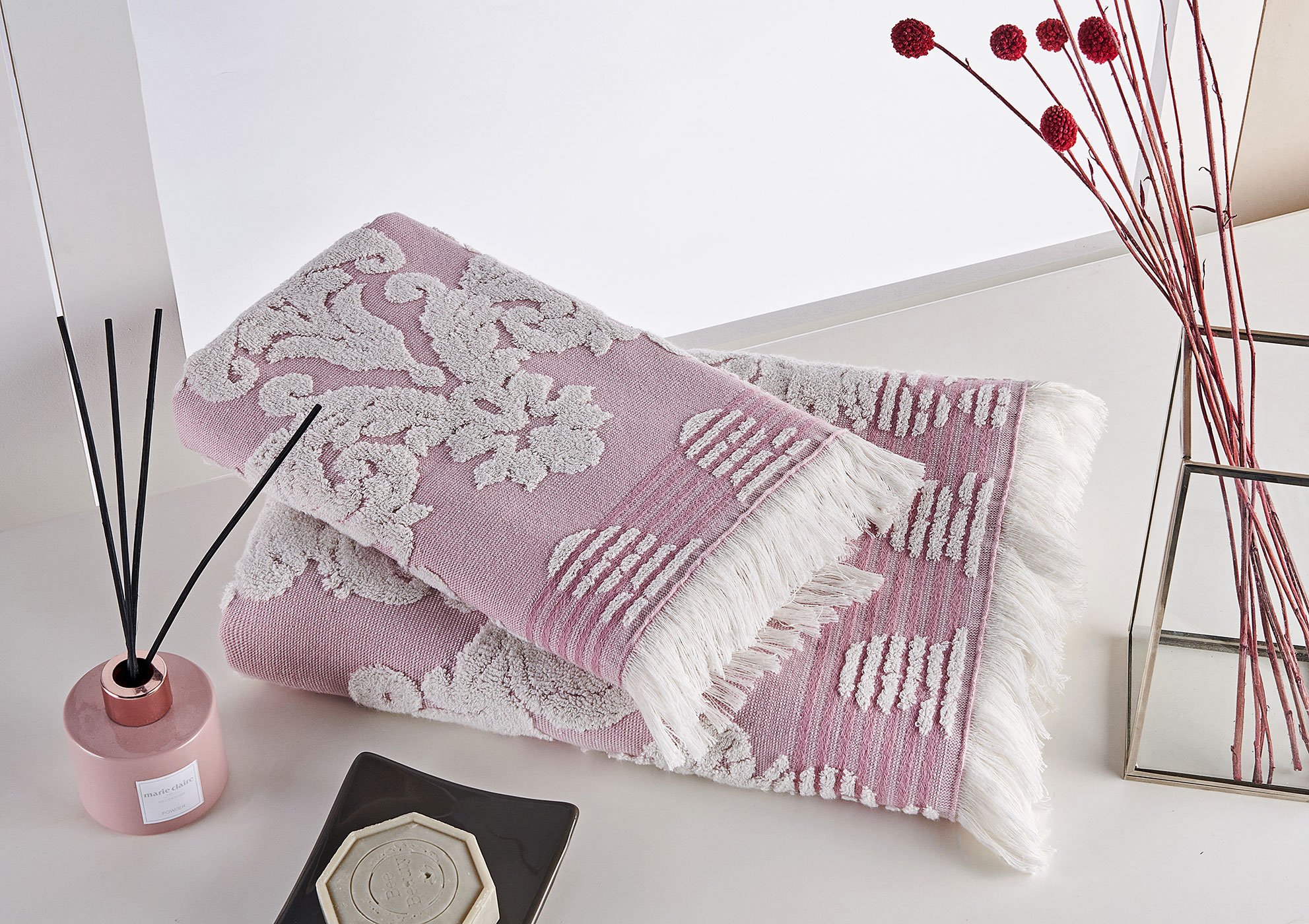 Marie Claire Paris Indentern Jakarlı 2'Li Havlu Set Gül Kurusu